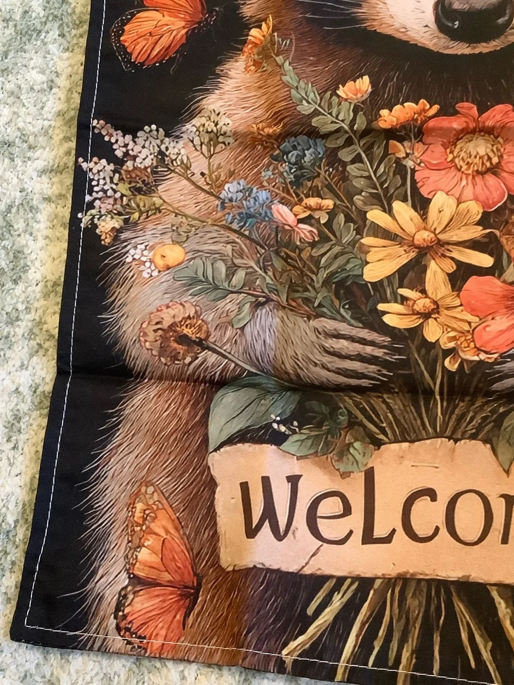 Welcome Raccoon Floral Small Fabric Garden Flag NWT 11.75” x 17.50”